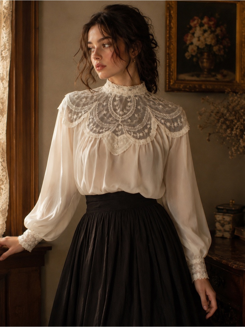 Vintage LATC Lace Yoke Blouse 70s Romantic Coquette Victorian Boho Size S Ivory